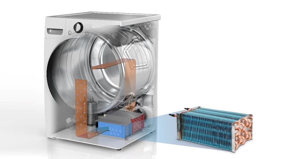 히트펌프 건조기 내부 구조 — 콘덴서(열교환기)와 컴프레서가 저온 공기를 순환시켜 수분을 제거합니다
