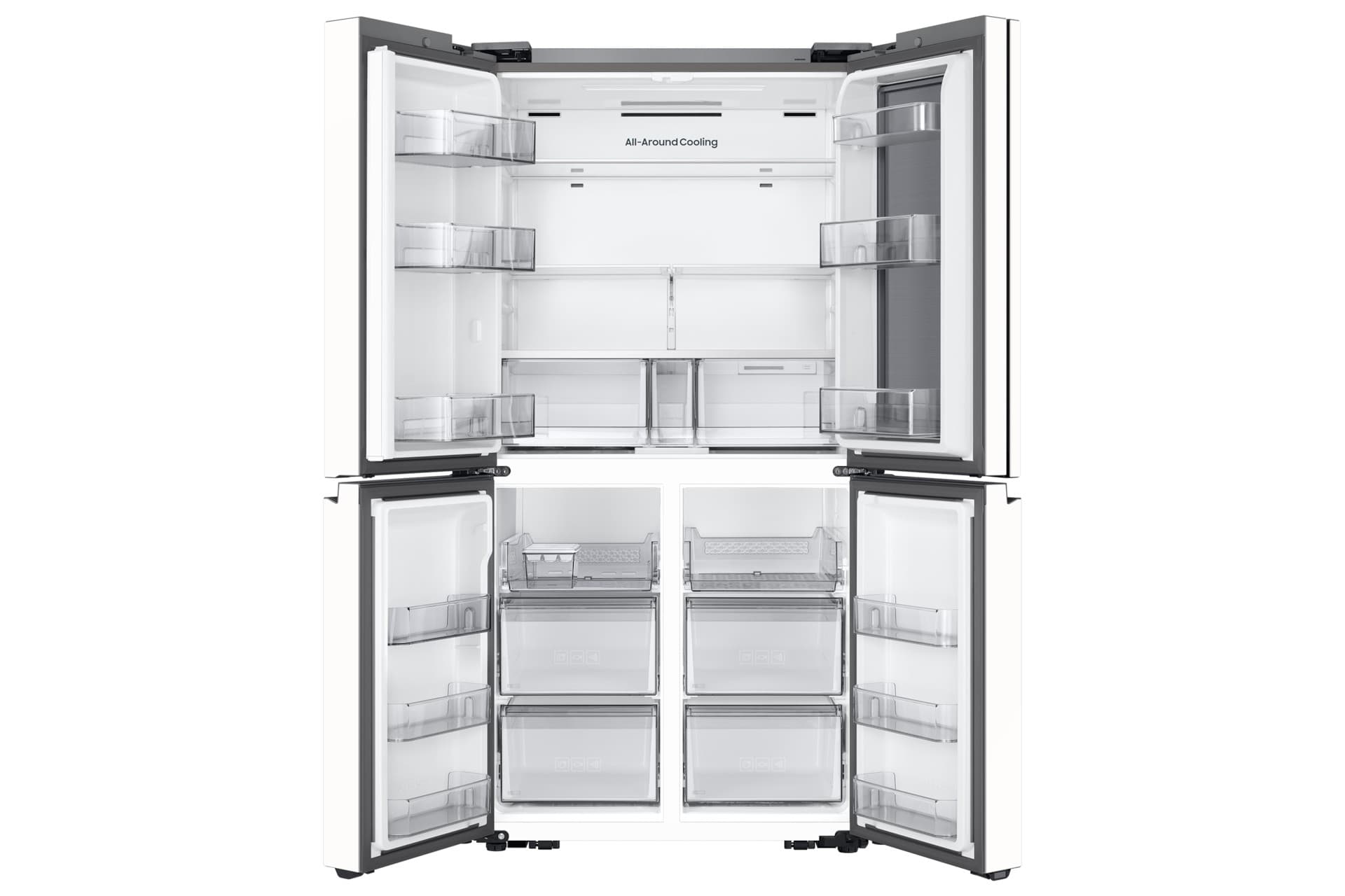 4도어 냉장고 내부 - 위쪽 2개 문이 냉장실, 아래쪽 2개 문이 냉동실인 상냉장/하냉동 구조