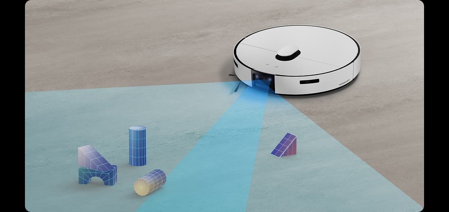 3D 장애물 감지 센서가 바닥의 블록 장난감을 입체적으로 인식하는 모습