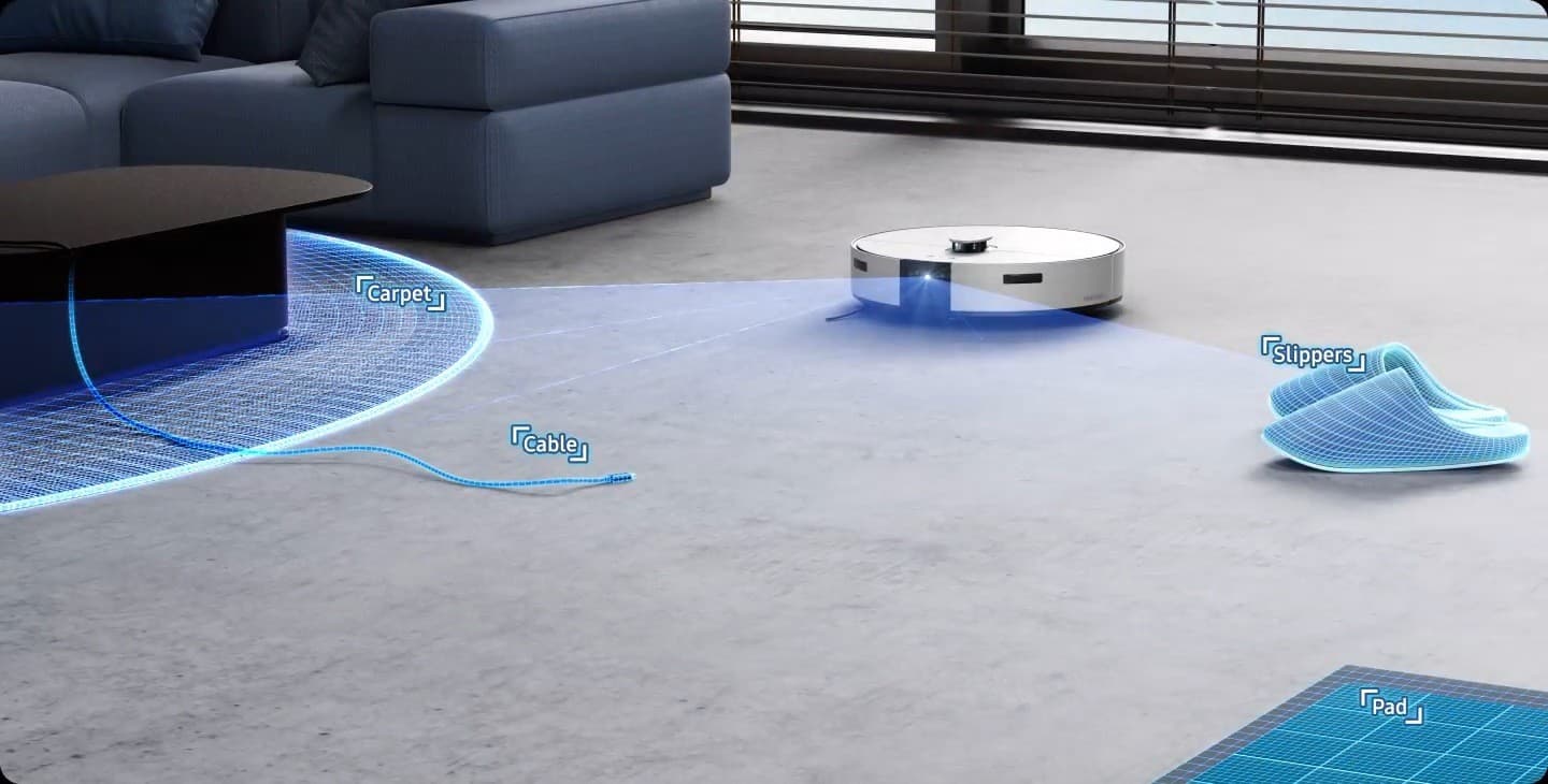 AI 사물 인식 기능이 카펫, 충전 케이블, 슬리퍼 등을 와이어프레임으로 구분하는 모습