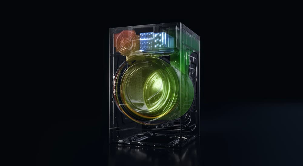 삼성 비스포크 AI 콤보 내부 구조 — 히트펌프(주황), 드럼(노랑), 콘덴서(파랑)가 하나의 본체 안에 배치된 투시도